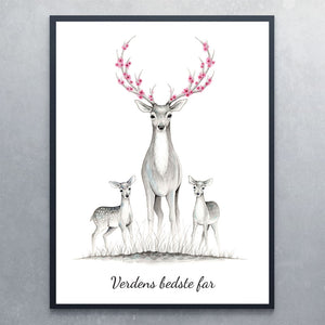 Plakat af hjort med kid til fars dag - Art by Mette Laustsen