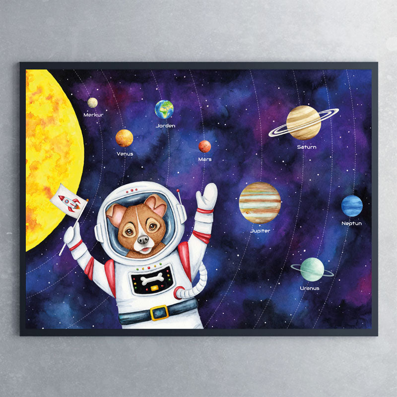 Plakat med solsystemet og rumhund