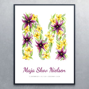 Bogstavplakat m til piger med blomster - Art by Mette Laustsen