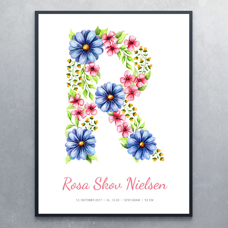 Bogstavplakat R til piger med blomster - Art by Mette Laustsen