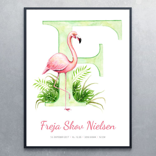 Bogstavplakat med F til pige - flamingo - Art by Mette Laustsen
