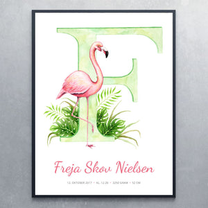 Bogstavplakat med F til pige - flamingo - Art by Mette Laustsen