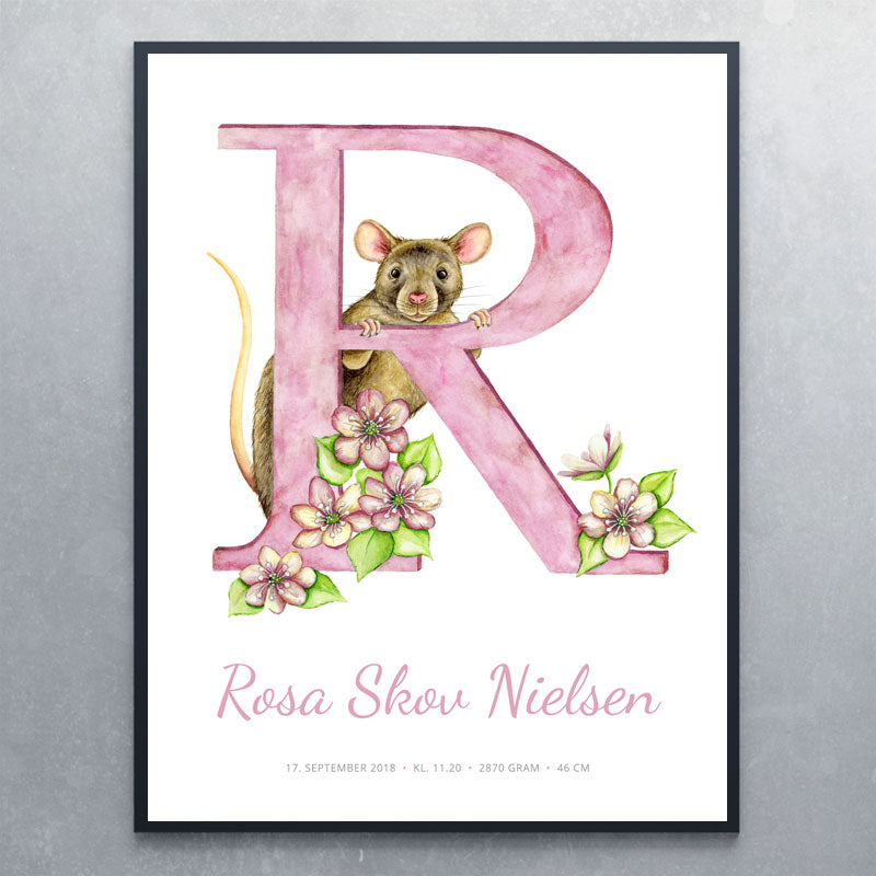 R med rotte + navn til pige - rosa