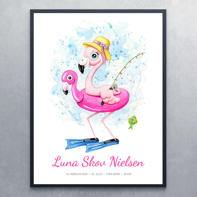 Plakat med flamingo og navn