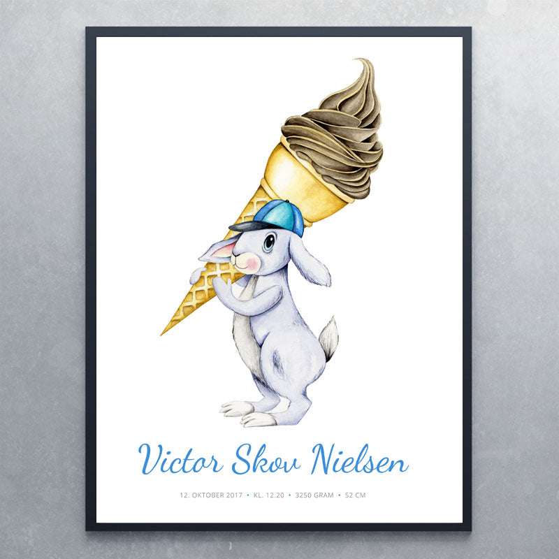 Navneplakat med kanin med softice - Art by Mette Laustsen