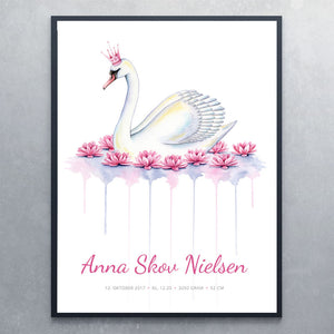 Navneplakat med svane til piger - Art by Mette Laustsen