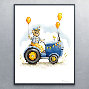 Plakat af bamse på en traktor til dreng - Art by Mette Laustsen