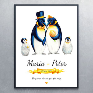 Plakat med pingviner som brudepar - Art by Mette Laustsen