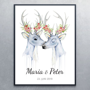Navneplakat til bryllup med hjorte  - Art by Mette Laustsen