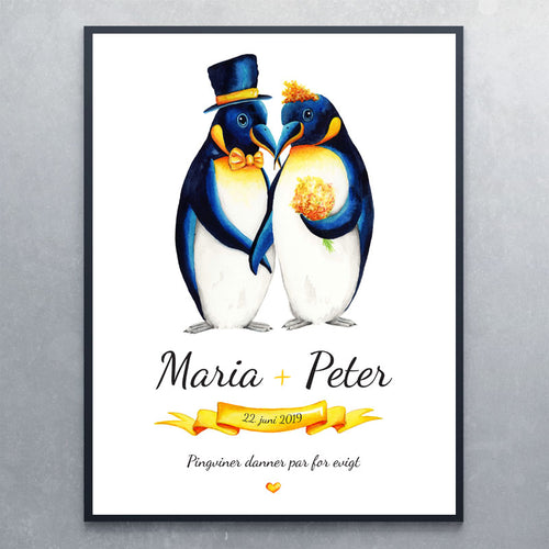 Citatplakat med pingviner som brudepar - Art by Mette Laustsen