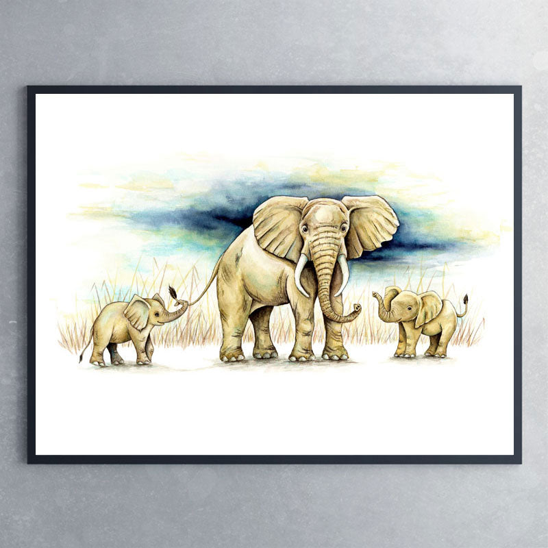 Plakat af elefant med unger - Art by Mette Laustsen