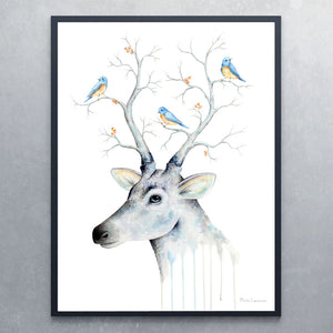 Plakat af hjort med fugle - Art by Mette Laustsen