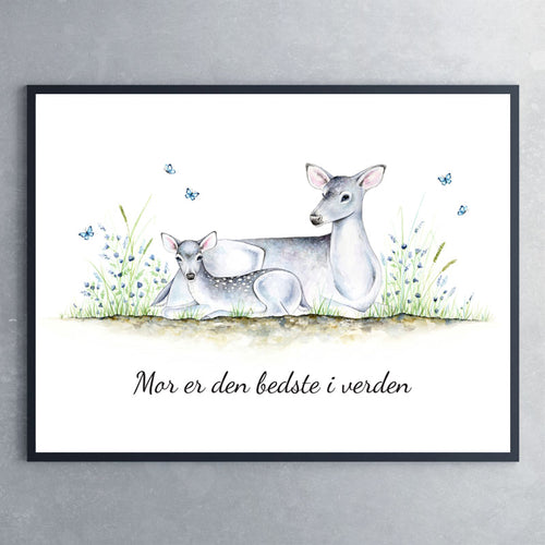 Plakat af hjortmor med kid til mors dag - Art by Mette Laustsen