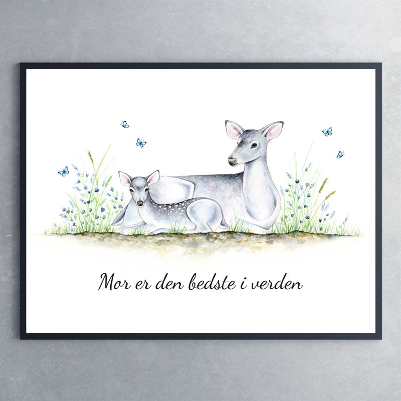 Plakat af hjortmor med kid til mors dag - Art by Mette Laustsen