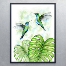 Plakat med kolibrier og monstera deliciosa - Art by Mette Laustsen