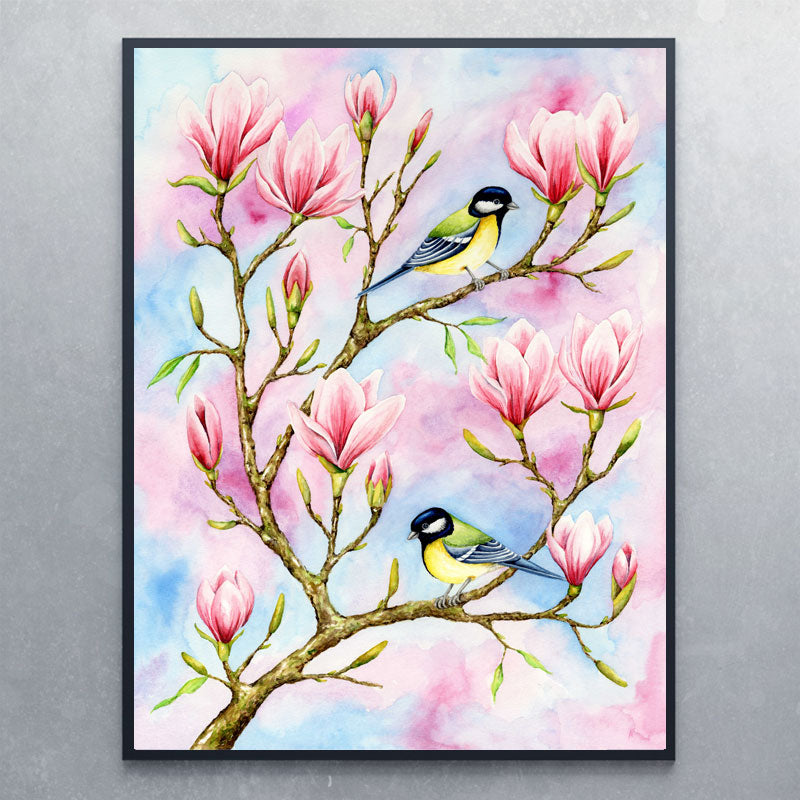 Plakat med musvitter og magnolia - Art by Mette Laustsen