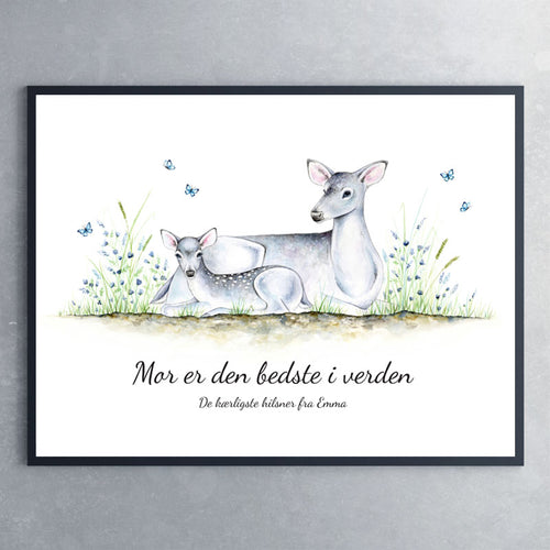 Plakat af hjortmor med kid til mors dag - Art by Mette Laustsen